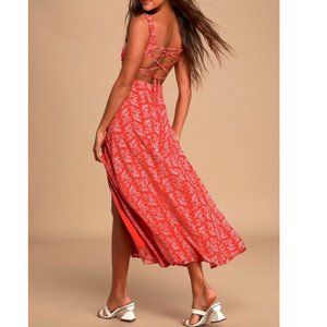 Lulu's Red Print Lace-Up Backless Dress | Size: Large